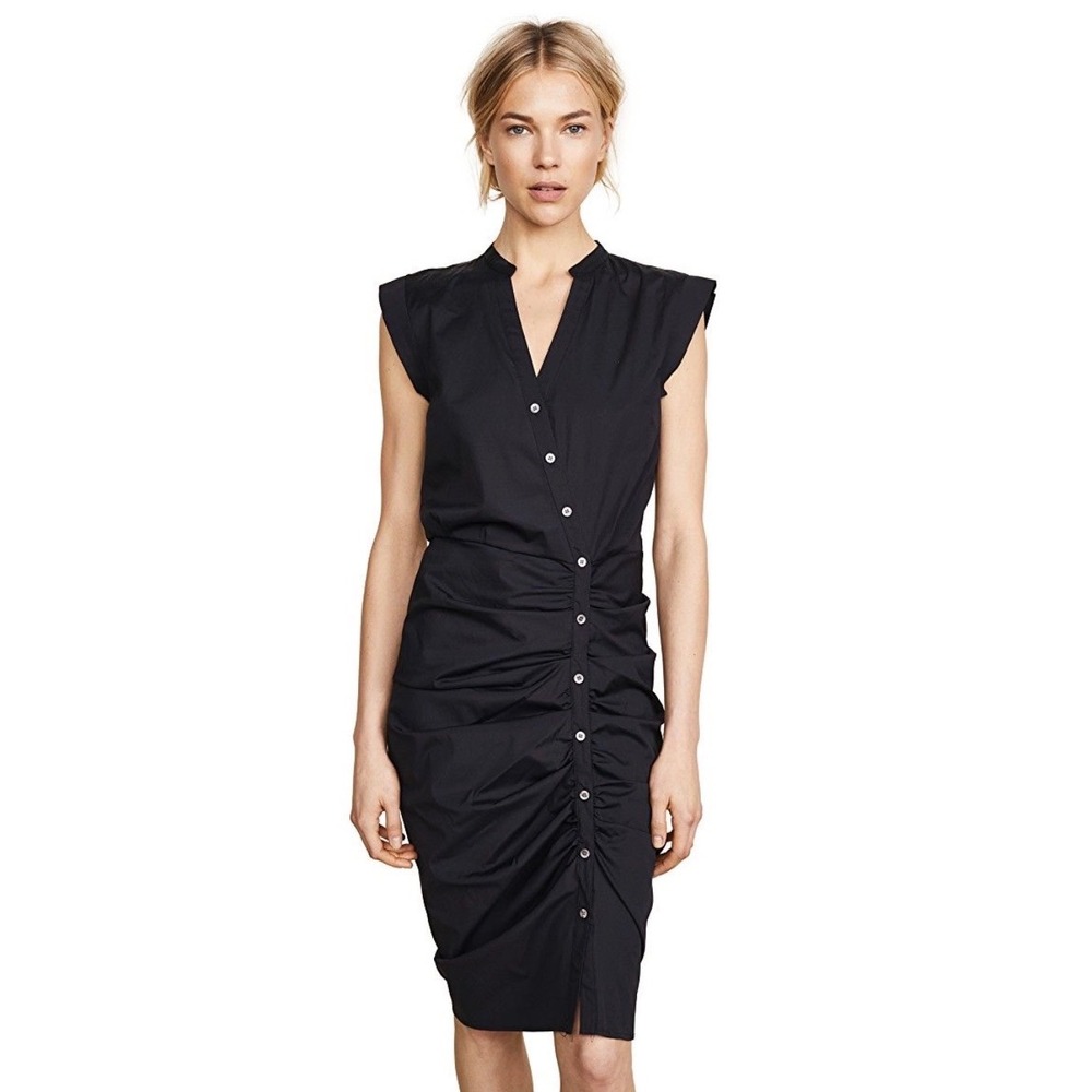 Veronica Beard Ruched Poplin Shirtdress Women 0 Black Cotton Asymmetric Midi
